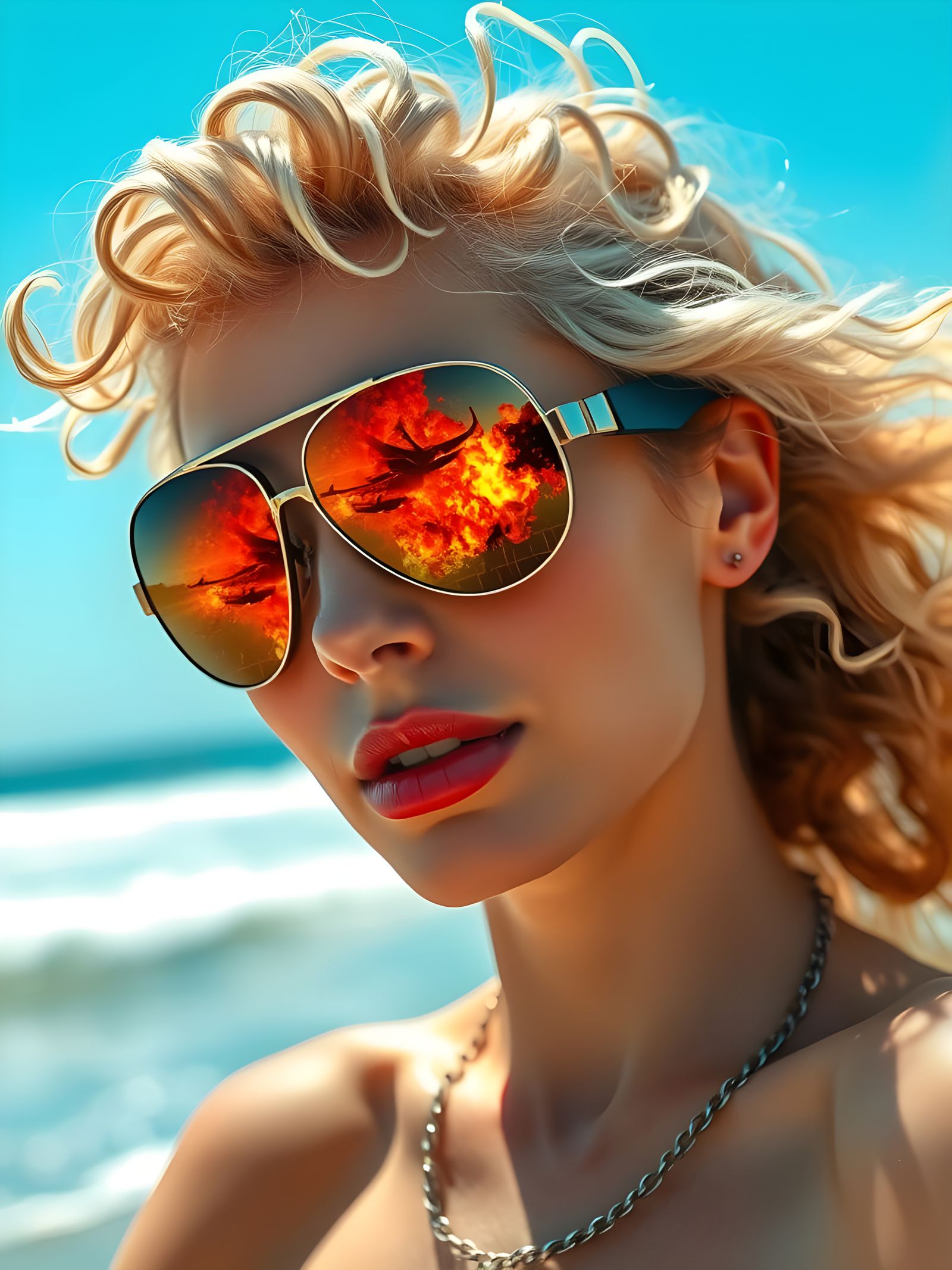 Explosive Beach Scene in Neon Reflections