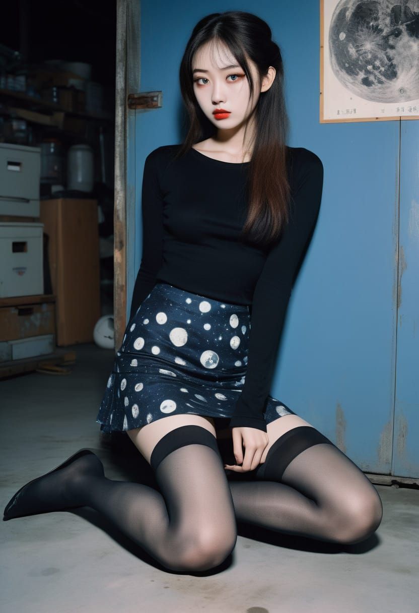 Young Woman in Japanese-Inspired Horror Scene