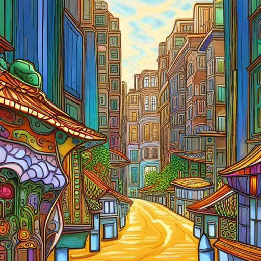 Alien Cityscape with Lush Greenery and Ornate Architecture