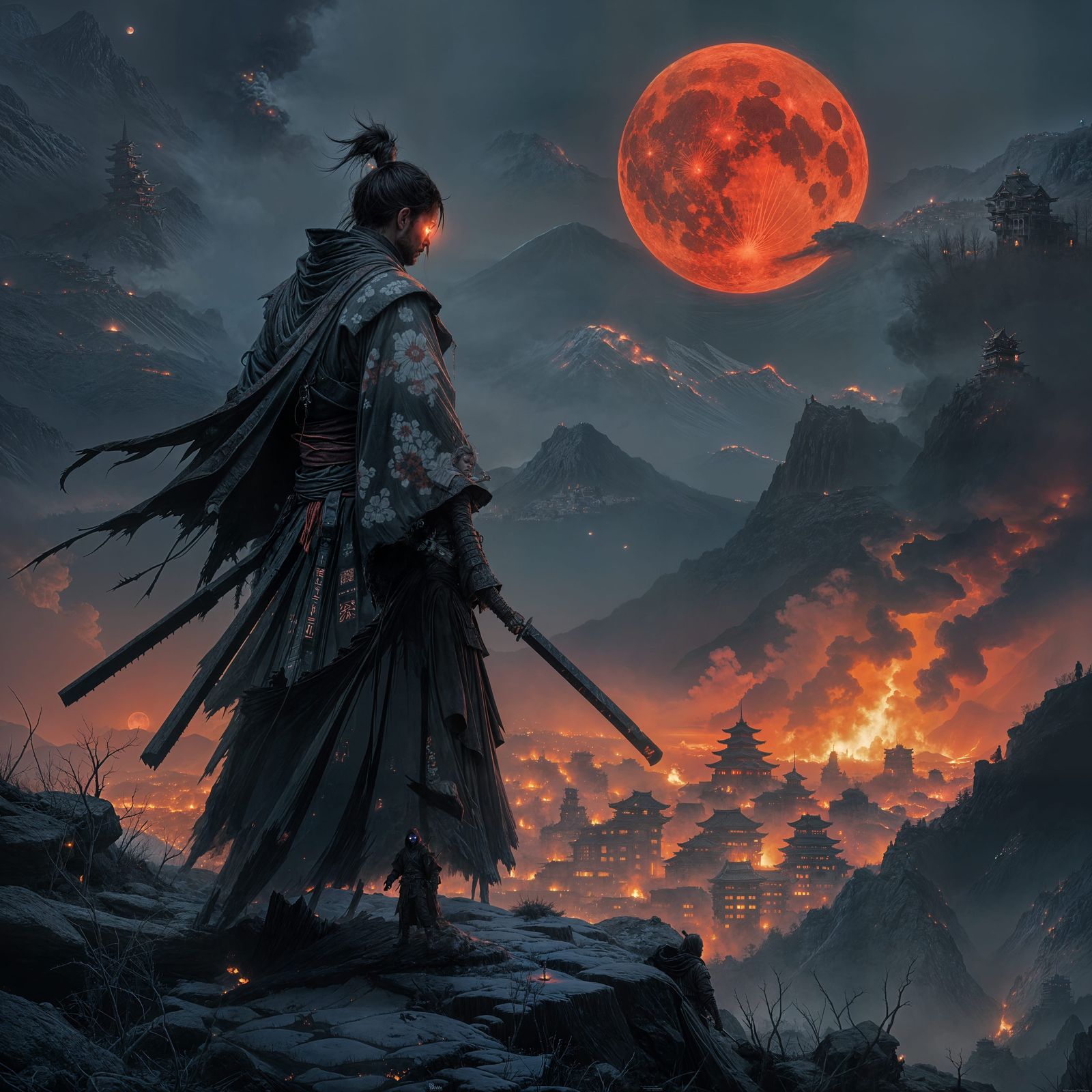 Spectral Samurai Warrior Overlooking Burning City, Gothic Ho...