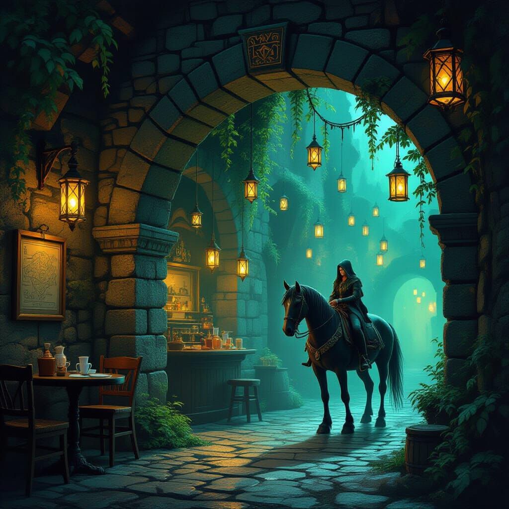 Hidden Cafe Entrance Through Stone Archway With Spectral Hor...