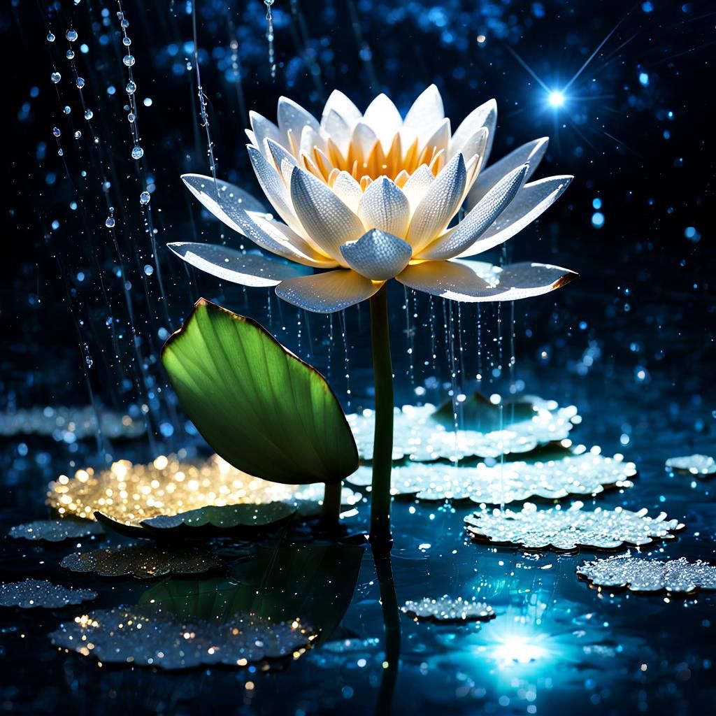 Bioluminescent Crystal Water Lily with Golden Glitter