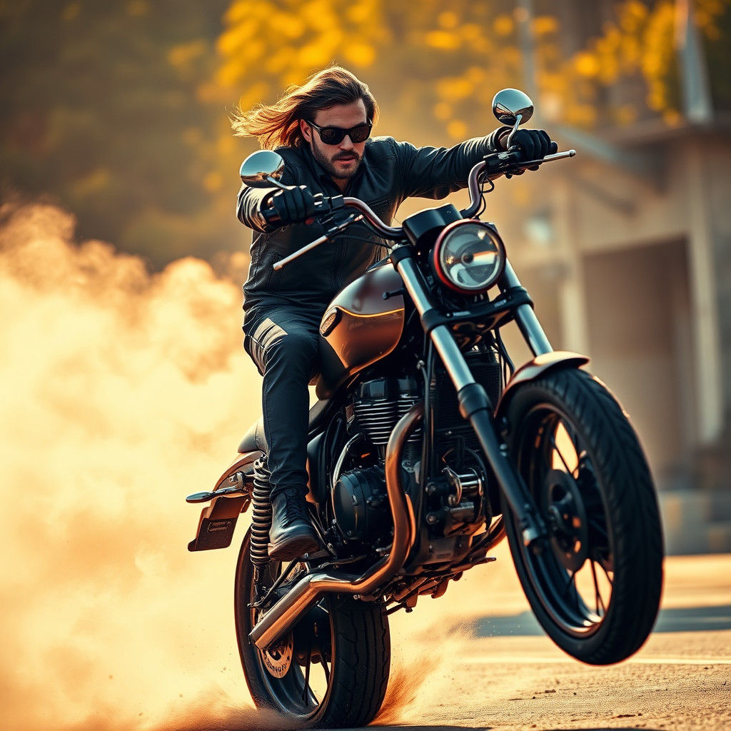 Motorcycle Wheelie: Rider's Surprise in Golden Dust