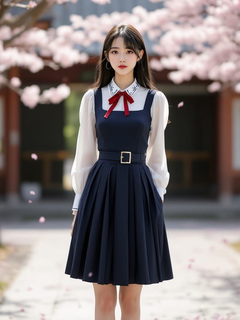 Japanese Schoolgirl at Shrine with Cherry Blossoms