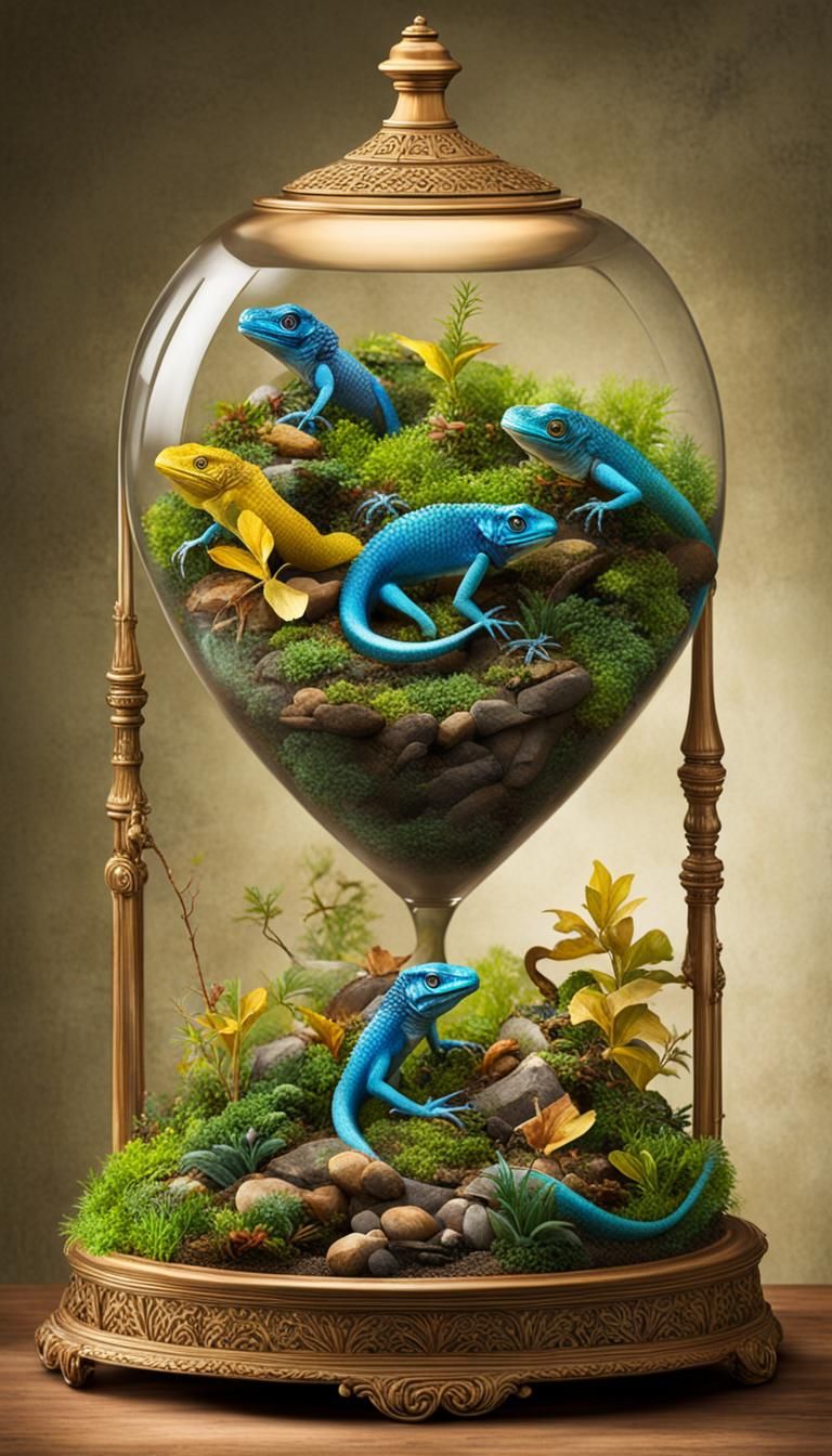 Hourglass Terrarium with Colorful Lizards