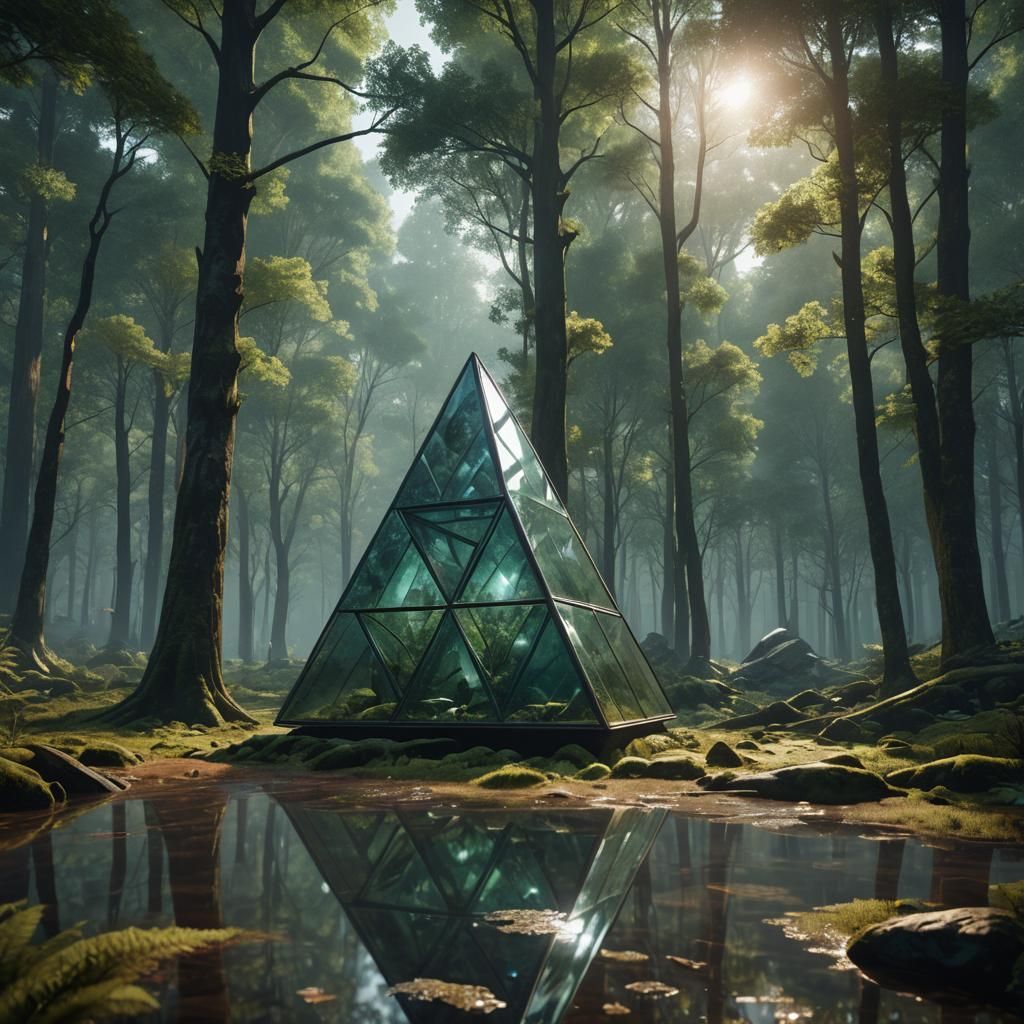 Postmodern Tetrahedron Glass House in Forest