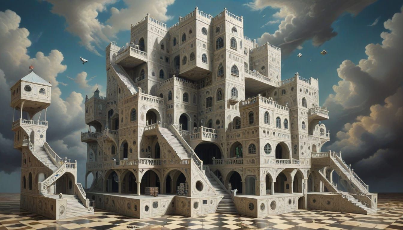 Probability Palace in Op-Art Surrealism Style