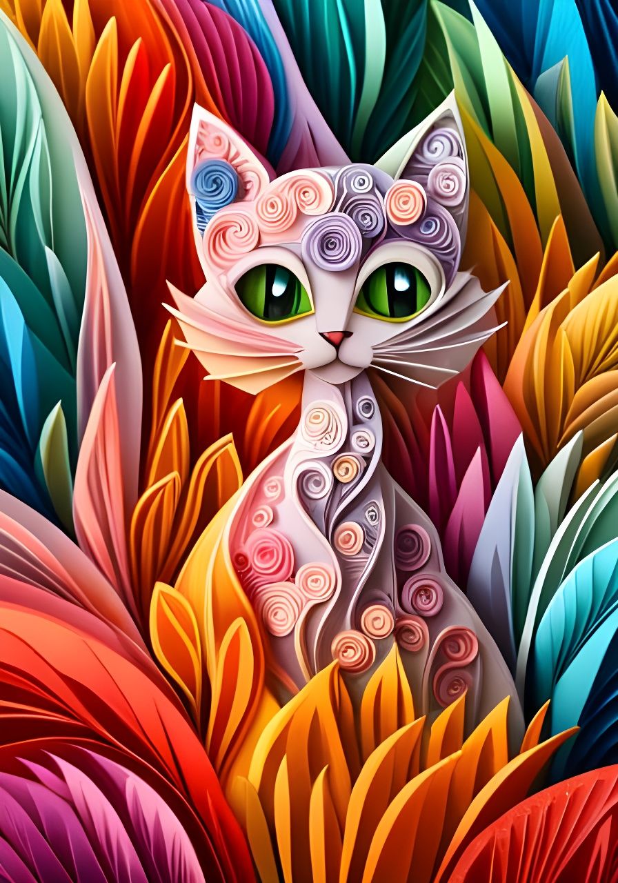 Pastel Origami Cat in Spring Garden Scene