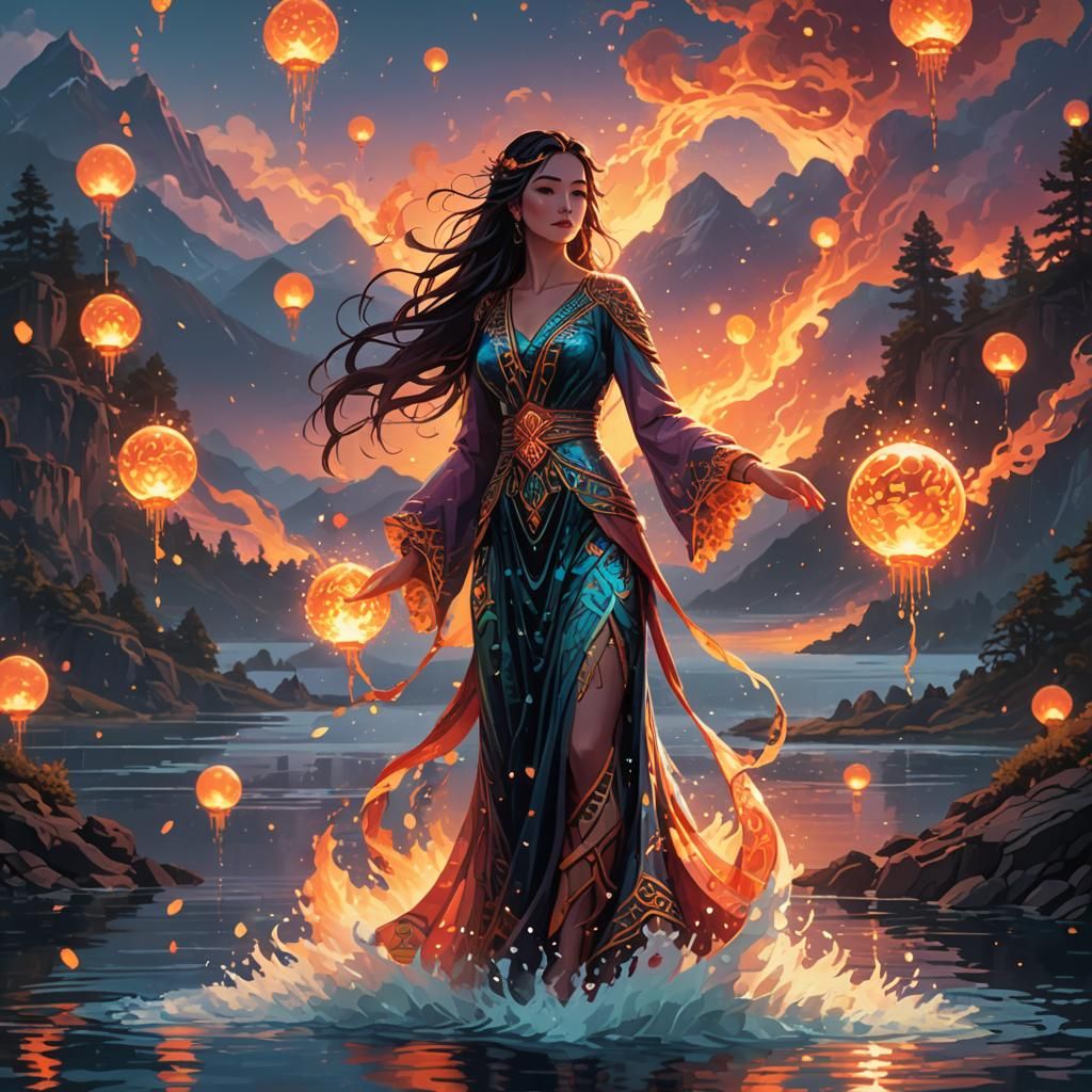 Pixel Art Lady Walks on Lake Holding Fireballs