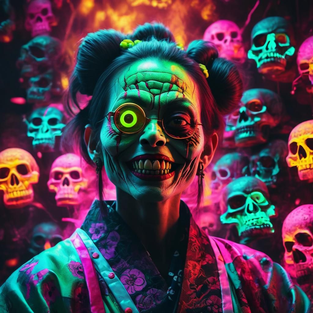 Fluorescent Zombie Monkey Clown Portrait in Pop Art Brutalis...