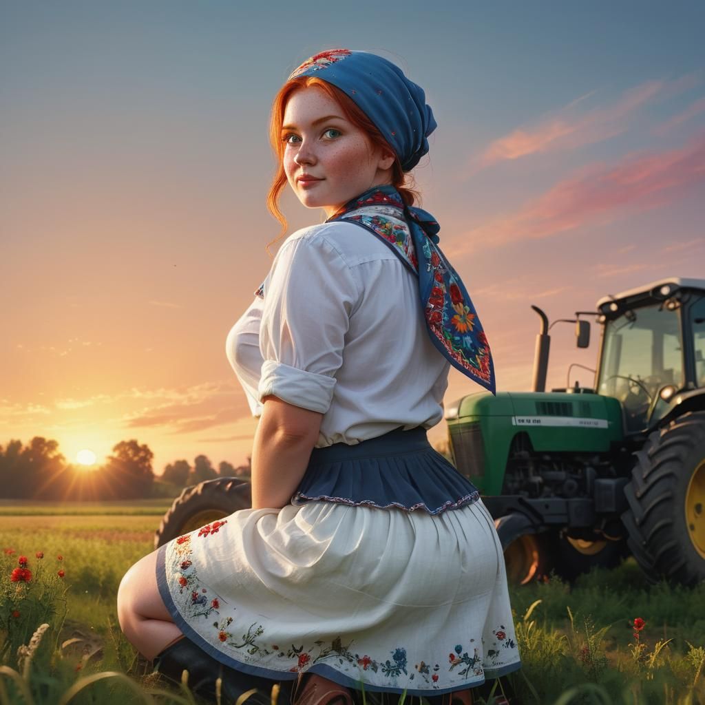 Redhead Woman in Embroidered Neckerchief at Sunset