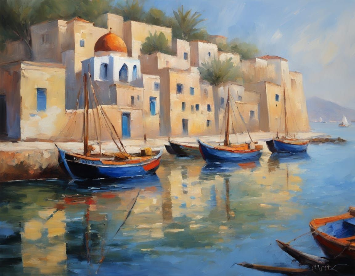 Impressionist Masterpiece of Boukaabka Port, Blue Fishing Bo...