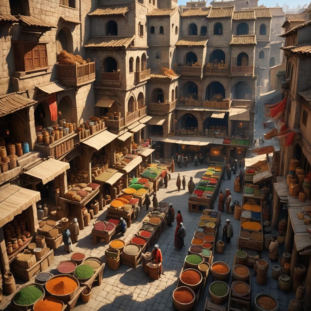 Medieval European Town Market: A busy market scene in mediev...