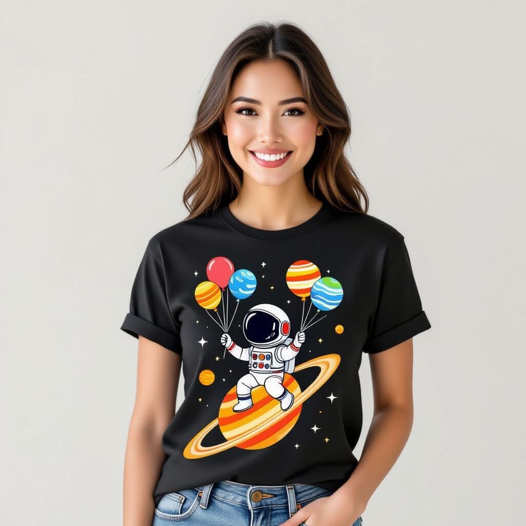 Thai Woman in Astronaut T-Shirt with Planetary Balloons