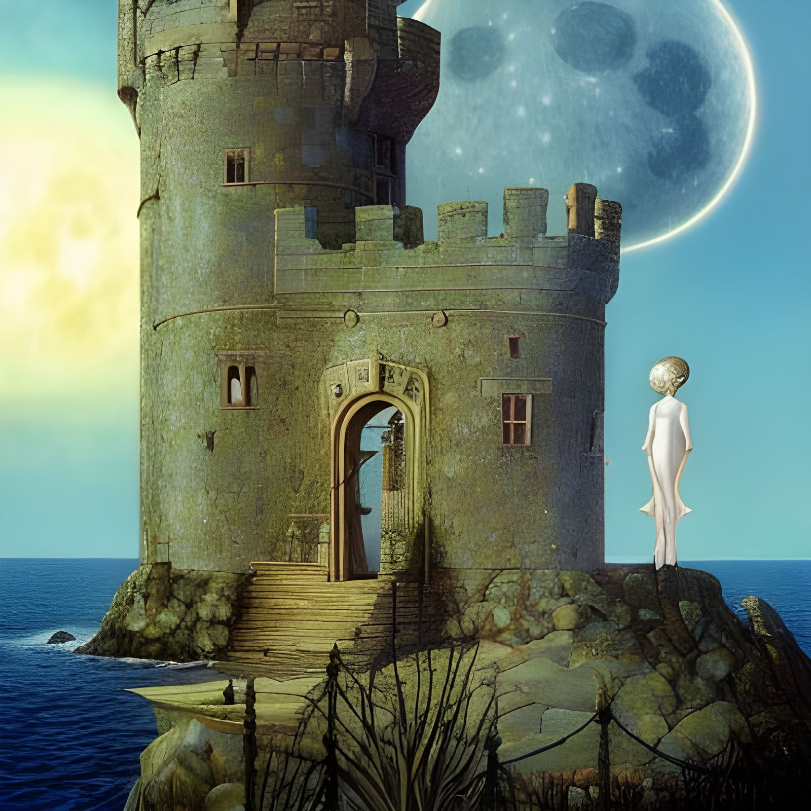Photorealistic Ancient Castle by the Sea in Moonlight