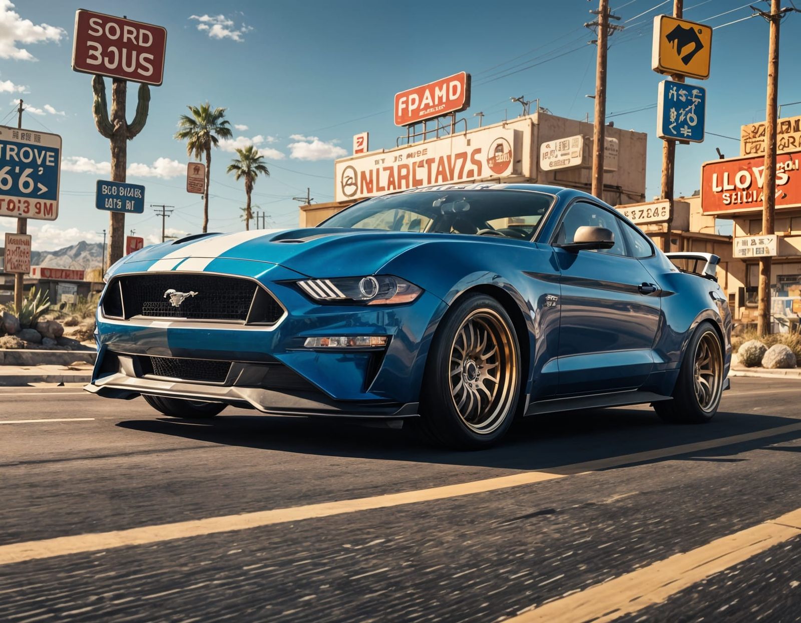 Ford Mustang Roush on Route 66 in Anime Style