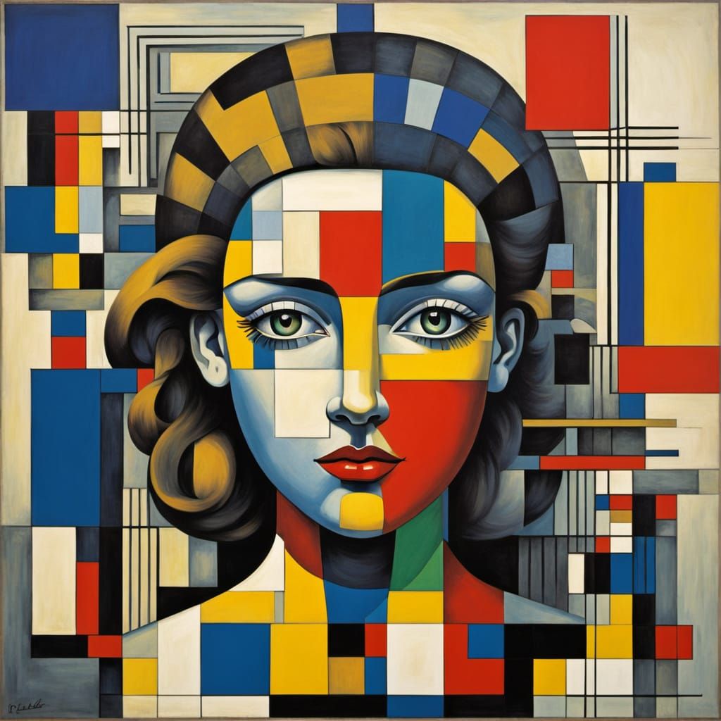 Surreal Cubist Painting of a Woman in an Industrial Setting