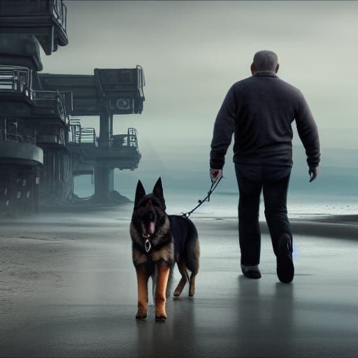 A German Shepherd dog walking next to a gruff middle-aged man in a desolate futuristic apocalyptic west coast seaside to...