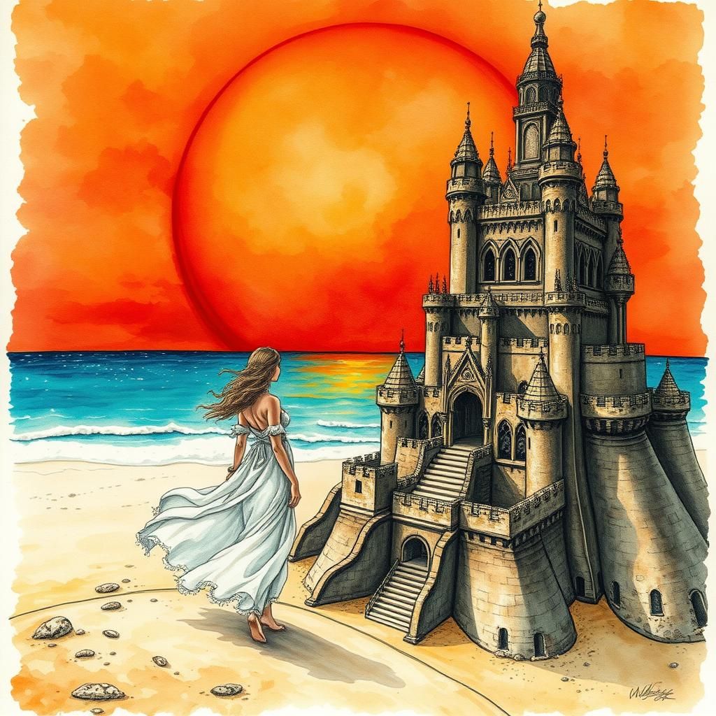 Sunset Beach Sandcastle in Romantic Style