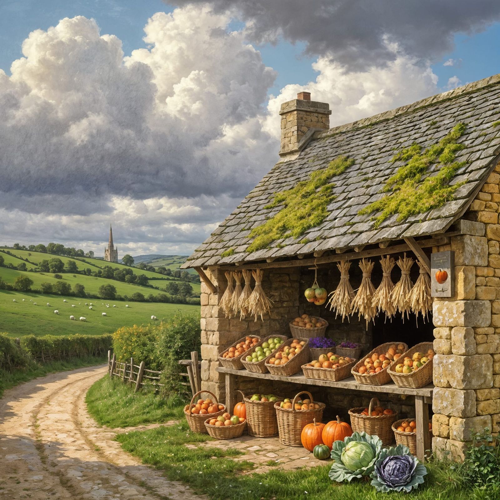 English Farmstand Autumn Harvest Painting