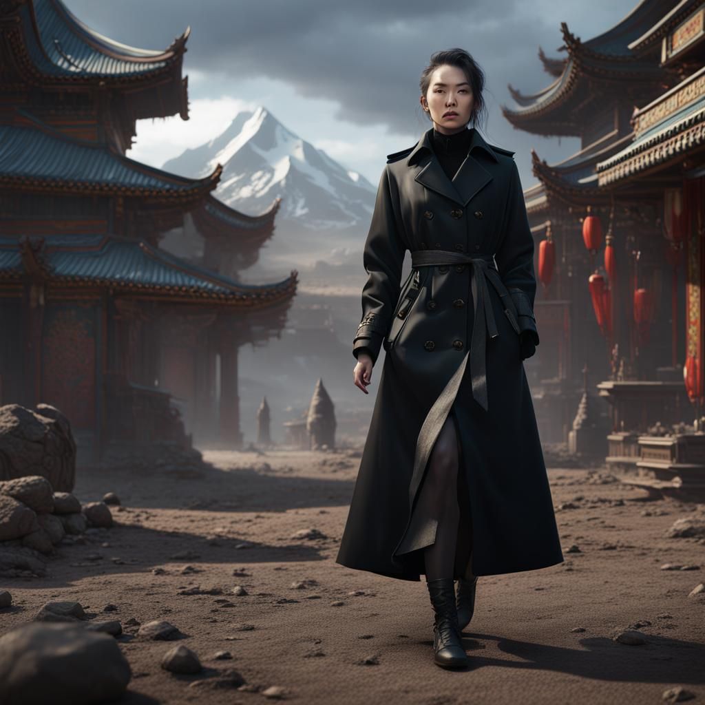 Mongolian Woman in Black Trench Coat Art