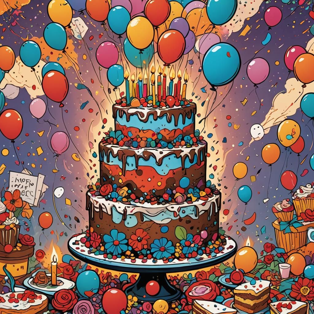 Festive Comic Book Cake with Balloons and Birds
