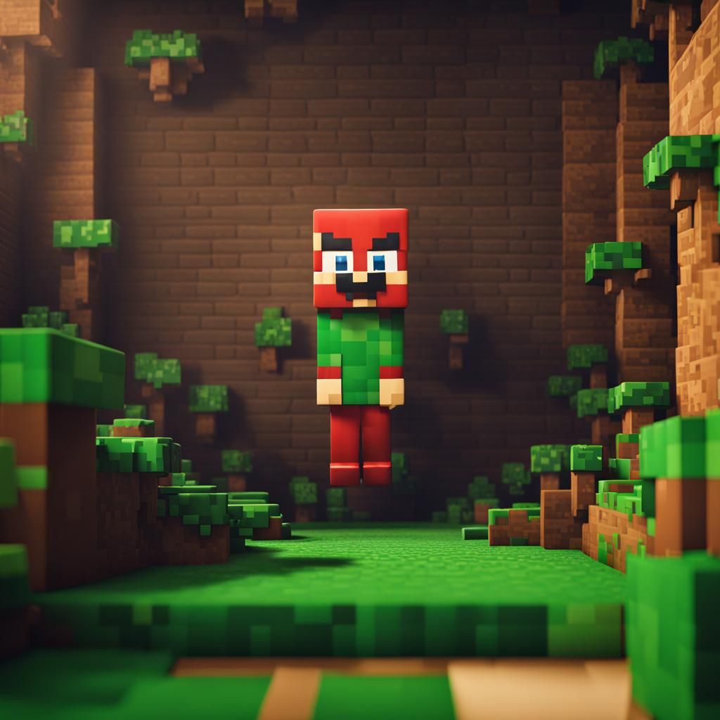 Minecraft Creeper in Mario Shirt: Detailed Digital Art
