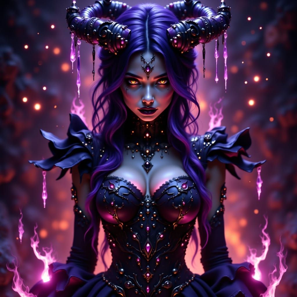 Dark Fantasy Demoness in Deep Purple, Blue, and Black Skin T...