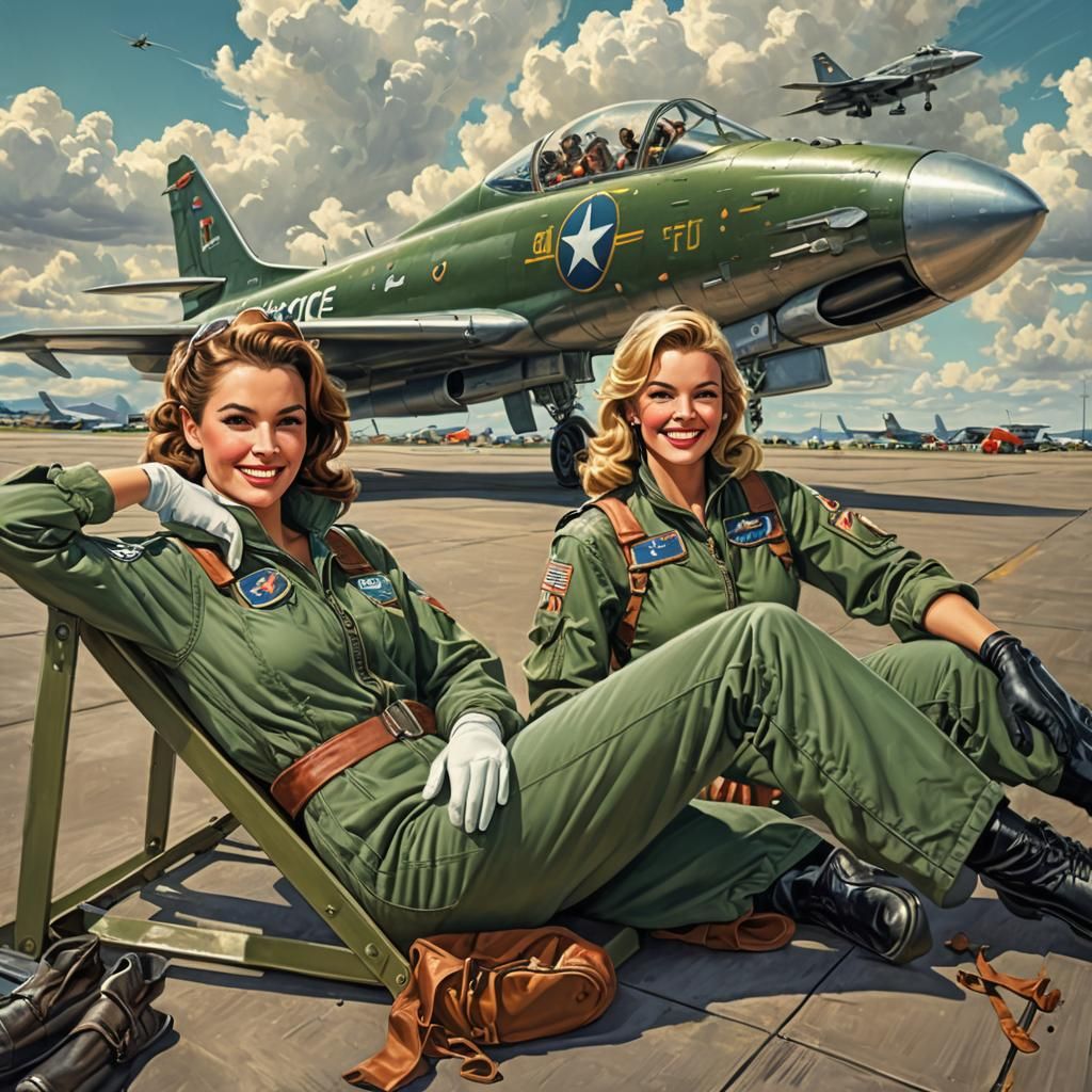 Female Fighter Pilots Relaxing on Airfield, Digital Art