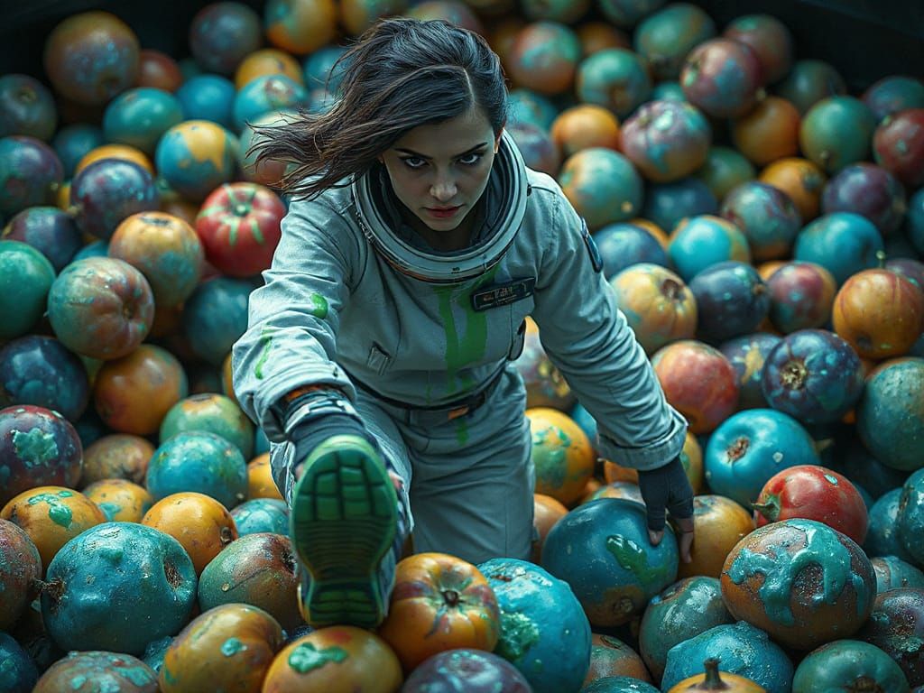 Space-Suited Adventurer Steps into Iridescent Alien Fruit