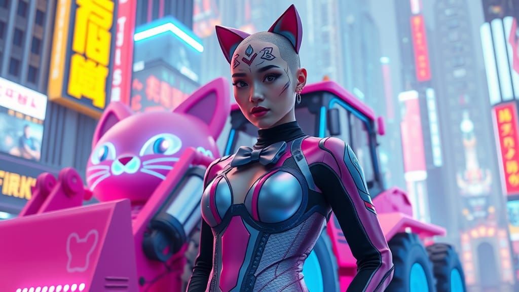 Cyberpunk Woman and Kawaii Kitty Bulldozer