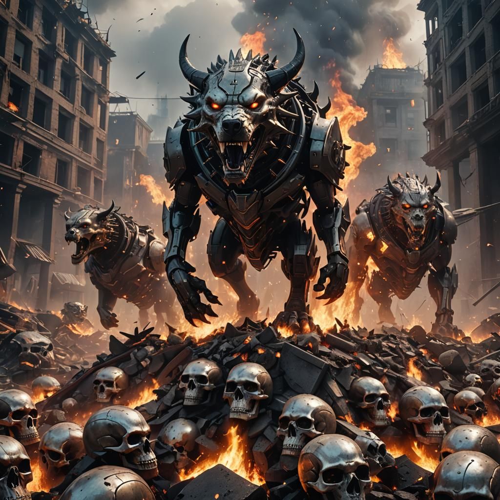 Hellhound Over Skulls in Burning City