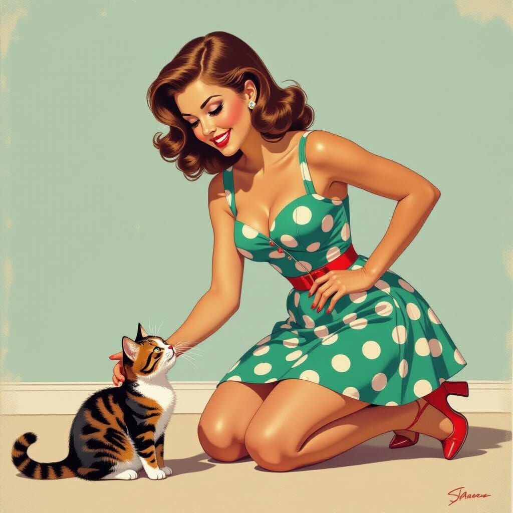 1950s Woman Catches Cat in Dynamic Illustration Style