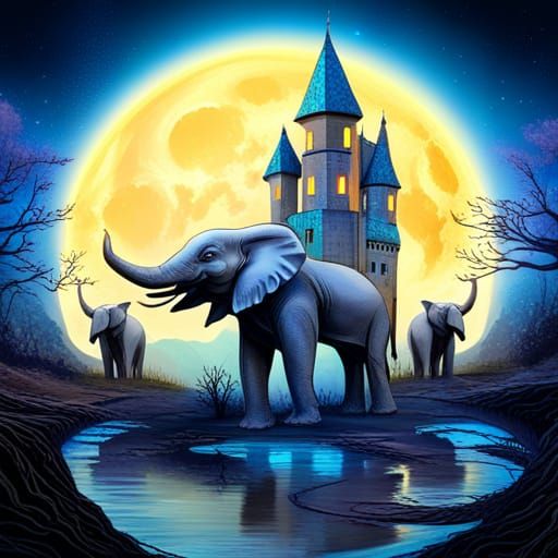 Blue Elephants in Haunted Castle, Astral Illustration