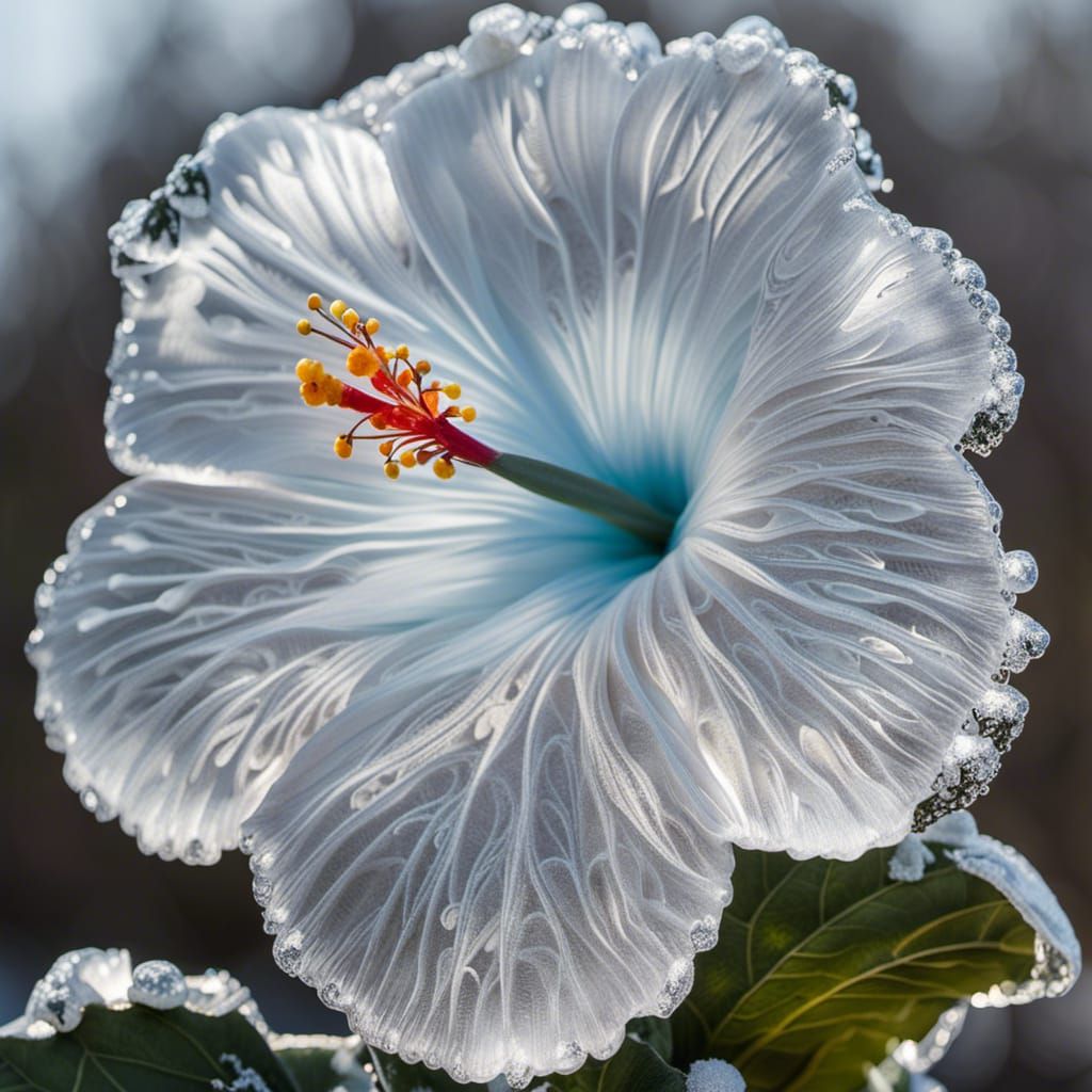 Icy Hibiscus Sculpture in Frozen Landscape