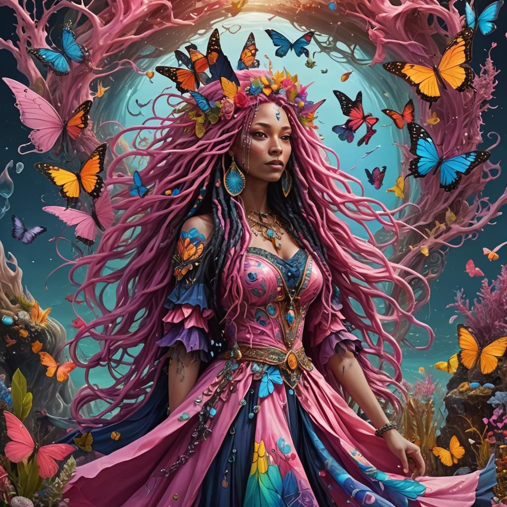 Surreal Pink Witch with Butterfly Wings
