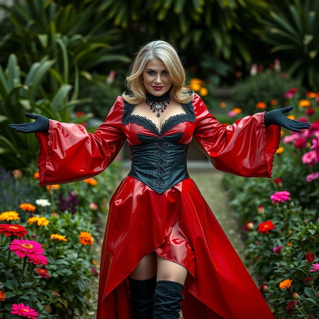 Gothic Vampire in Red PVC Dress in Garden