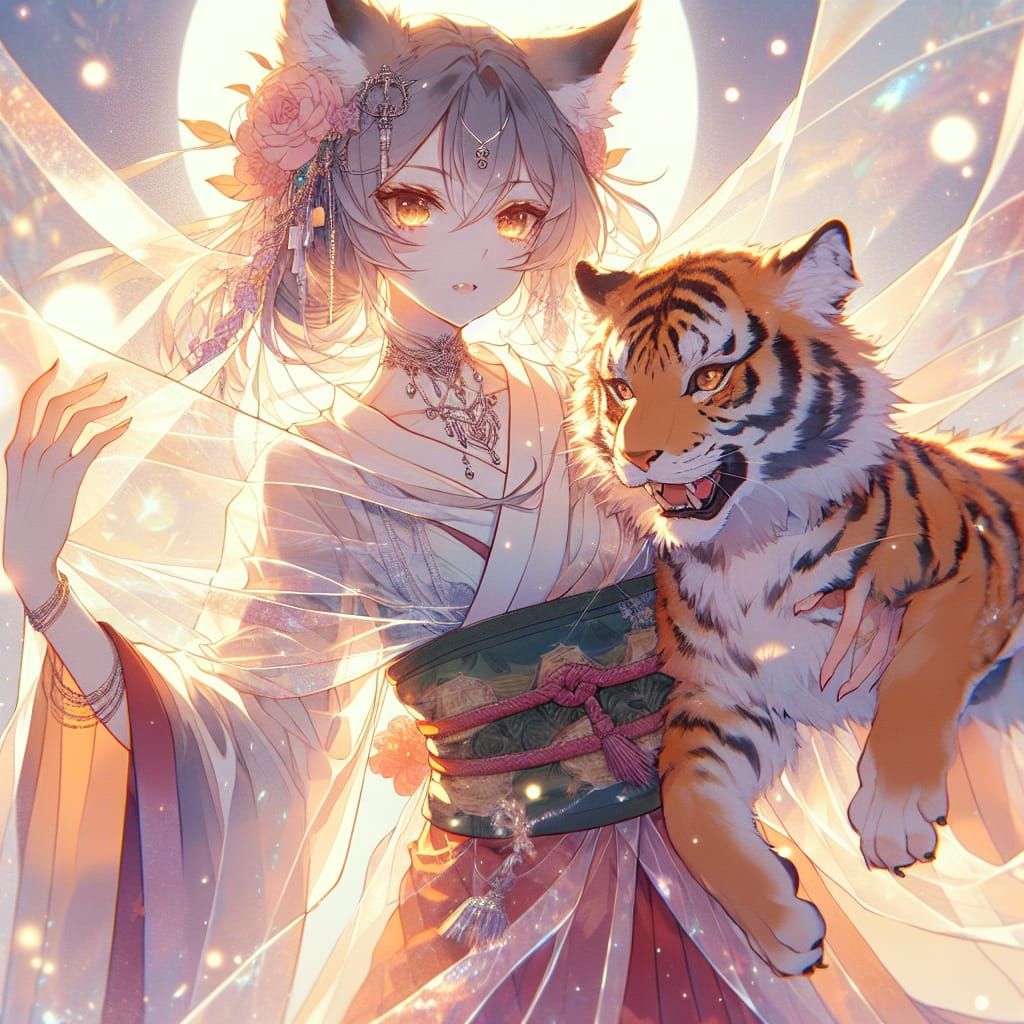 Mystical Wolf-Woman and Tiger in Anime Style