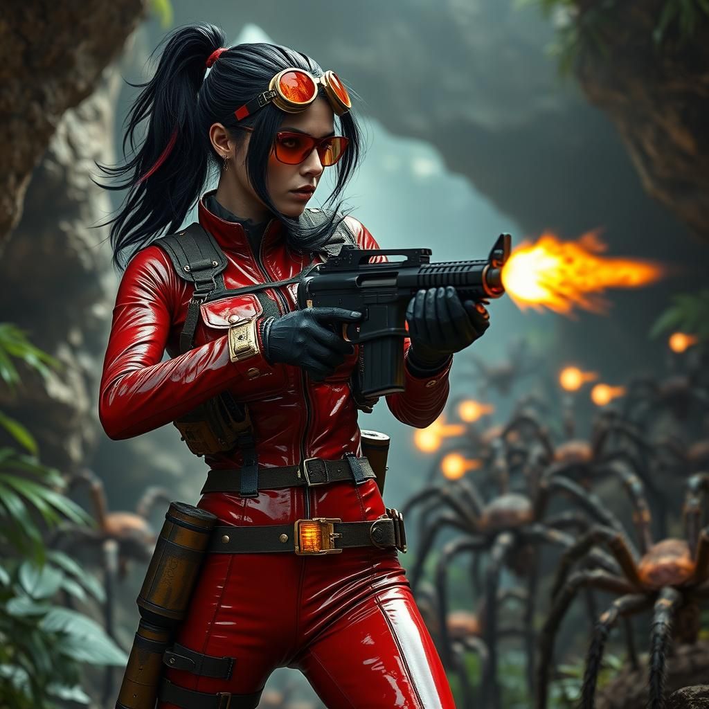 Angry Woman in Black Gold red latex suit with leather combat...