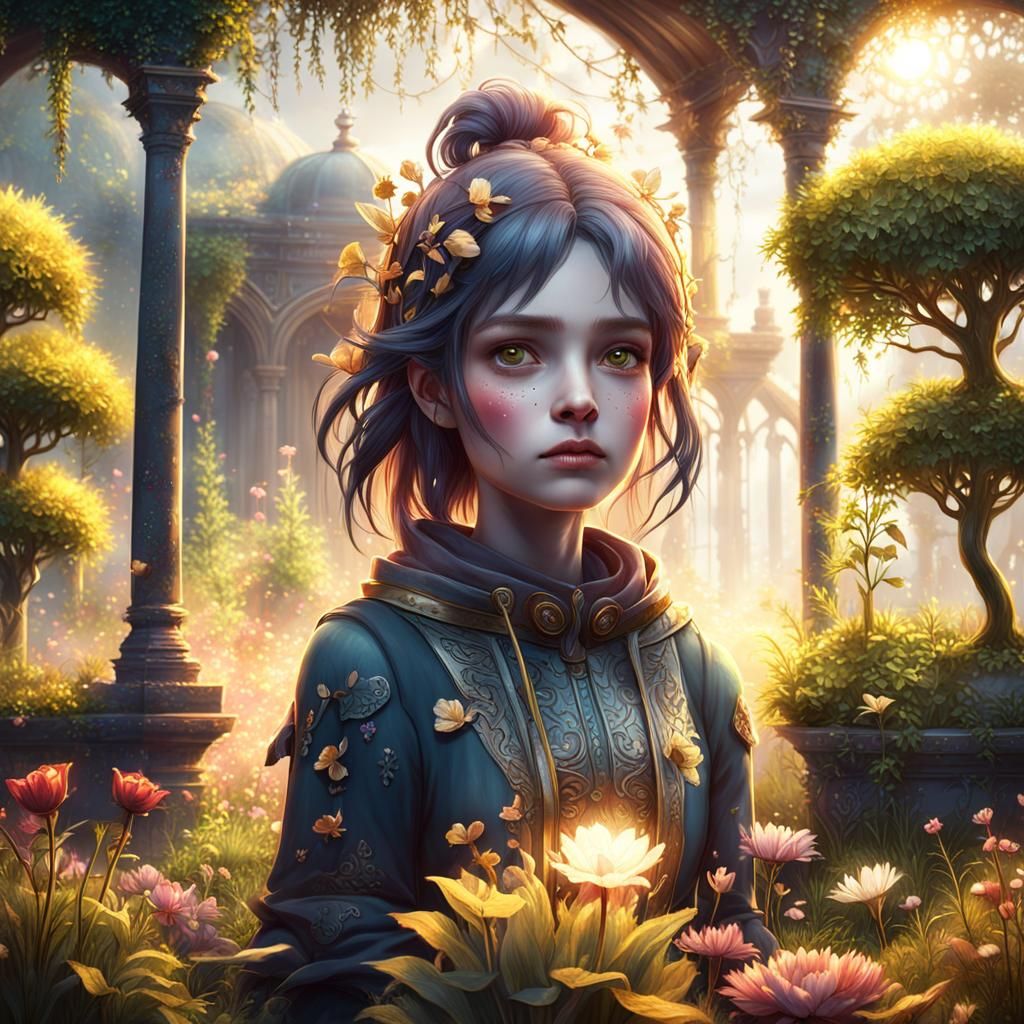 Sad Girl in Misty Garden: Detailed Matte Painting