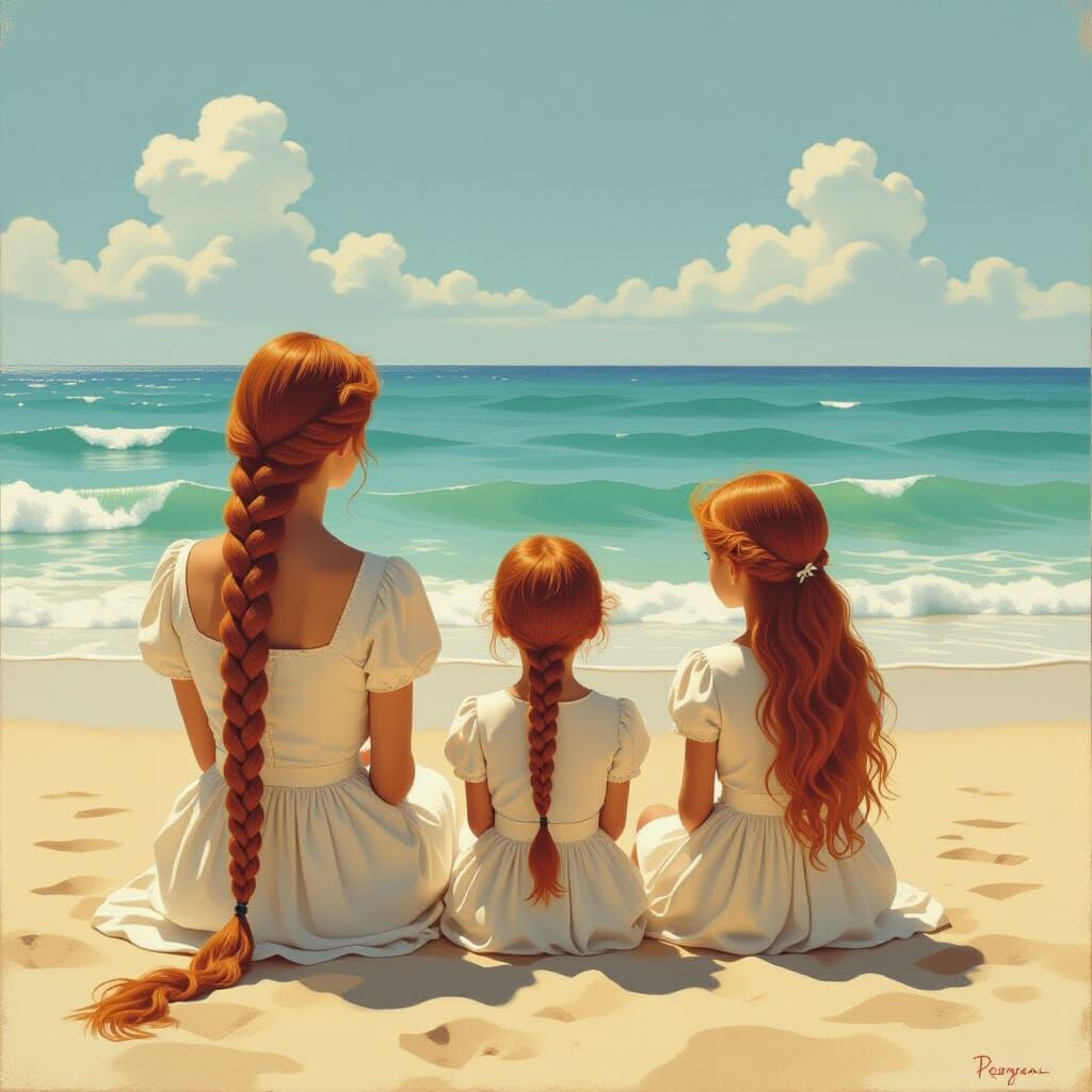 Surreal Beach Scene: Mother and Daughters Gazing at Ocean