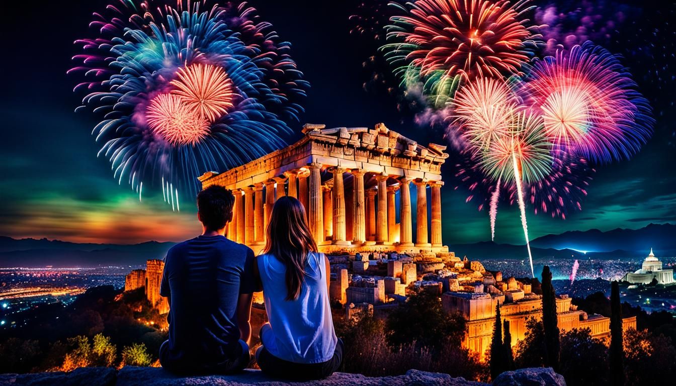 Fireworks over Athens: Watercolor Ink Art