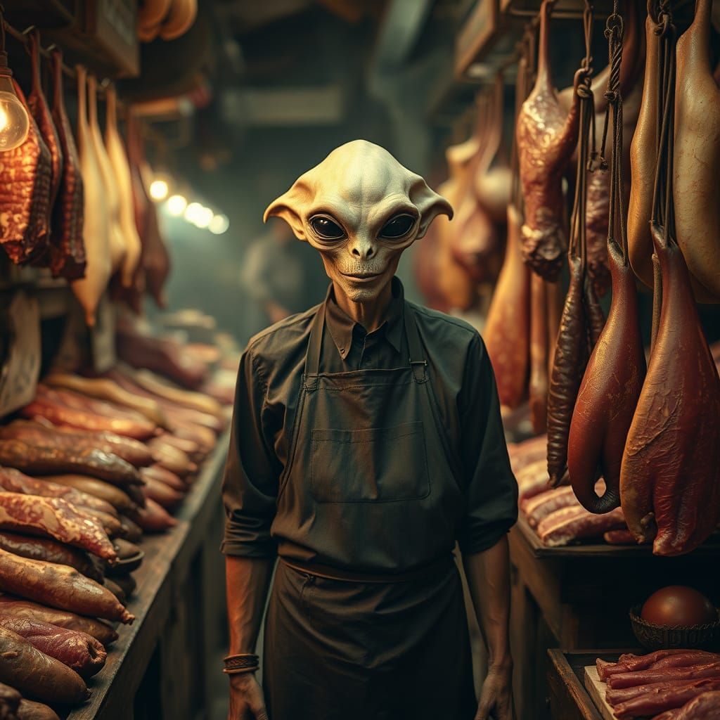 Alien Butcher in Old-World Market: Sepia-Toned Photo