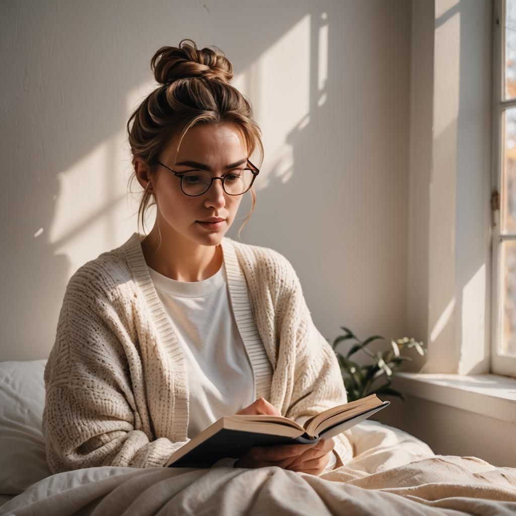 Golden Hour Portrait: Woman Reading in Bed