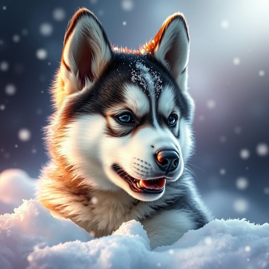 Hyperrealistic Husky Puppy in Snow, Detailed Splash Art