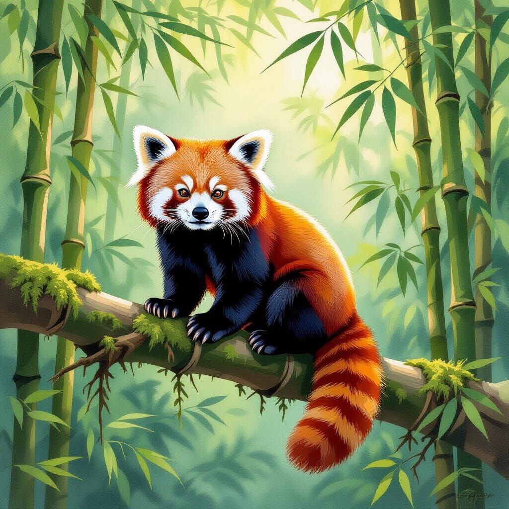 Red Panda in Bamboo Forest Gouache Painting