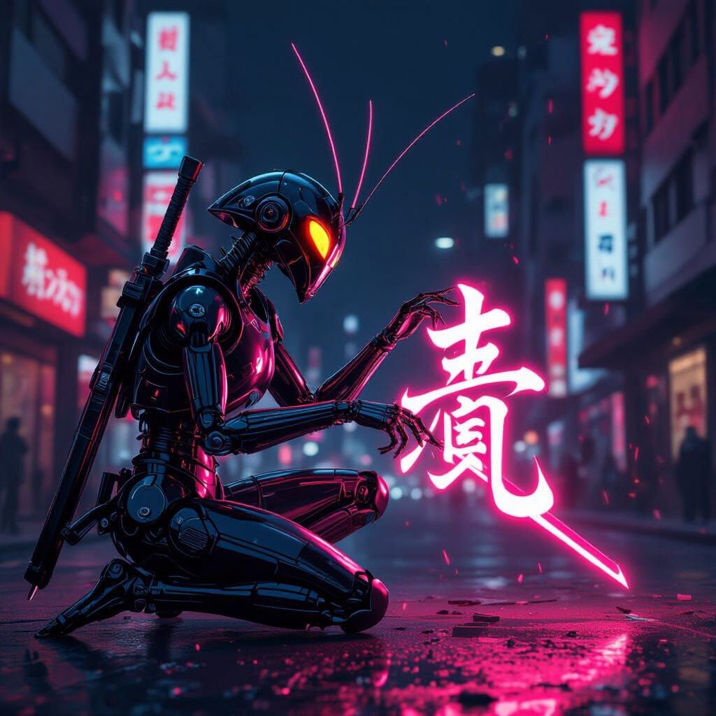Neon Samurai Mantis Crafting Kanji in Neo-Tokyo