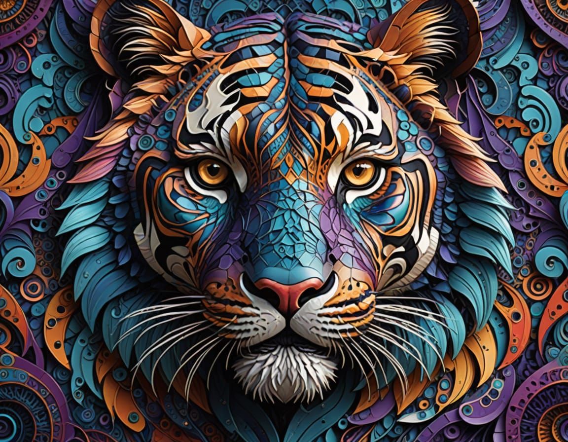 Geometric Tiger Emerges from Vibrant Fractal Patterns