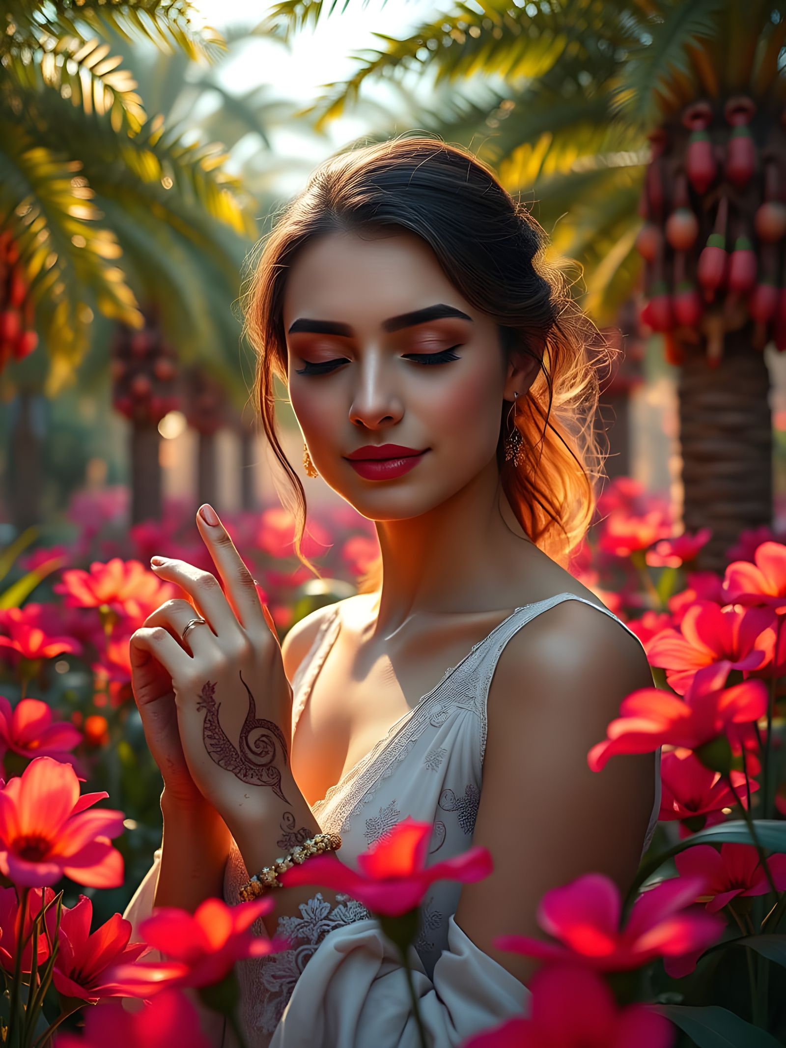Elegant Indian Goddess in a Vibrant Flower Garden
