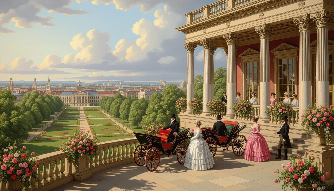 Regency Ball on Balcony Overlooking Garden